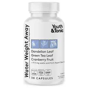Youth & Tonic Natural Water Weight Away Pills for Swelling Water Retention & Belly Bloating - Herbal Diuretic Supplement for Women & Men - 30 Capsules w/Potassium Caffeine Free