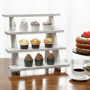 4 Tier Cascading Whitewashed Wood Retail Stair Shelf Display Riser or Cupcake Dessert Stand