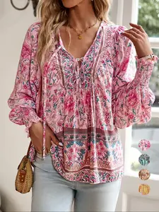 Women's All Over Boho Style Floral Print Tie Front Long Sleeve Blouse, Boho Cottagecore Blouse, Boho Casual V Neck Longsleeves Bishop Sleeve Frill Trim Top for Fall & Winter