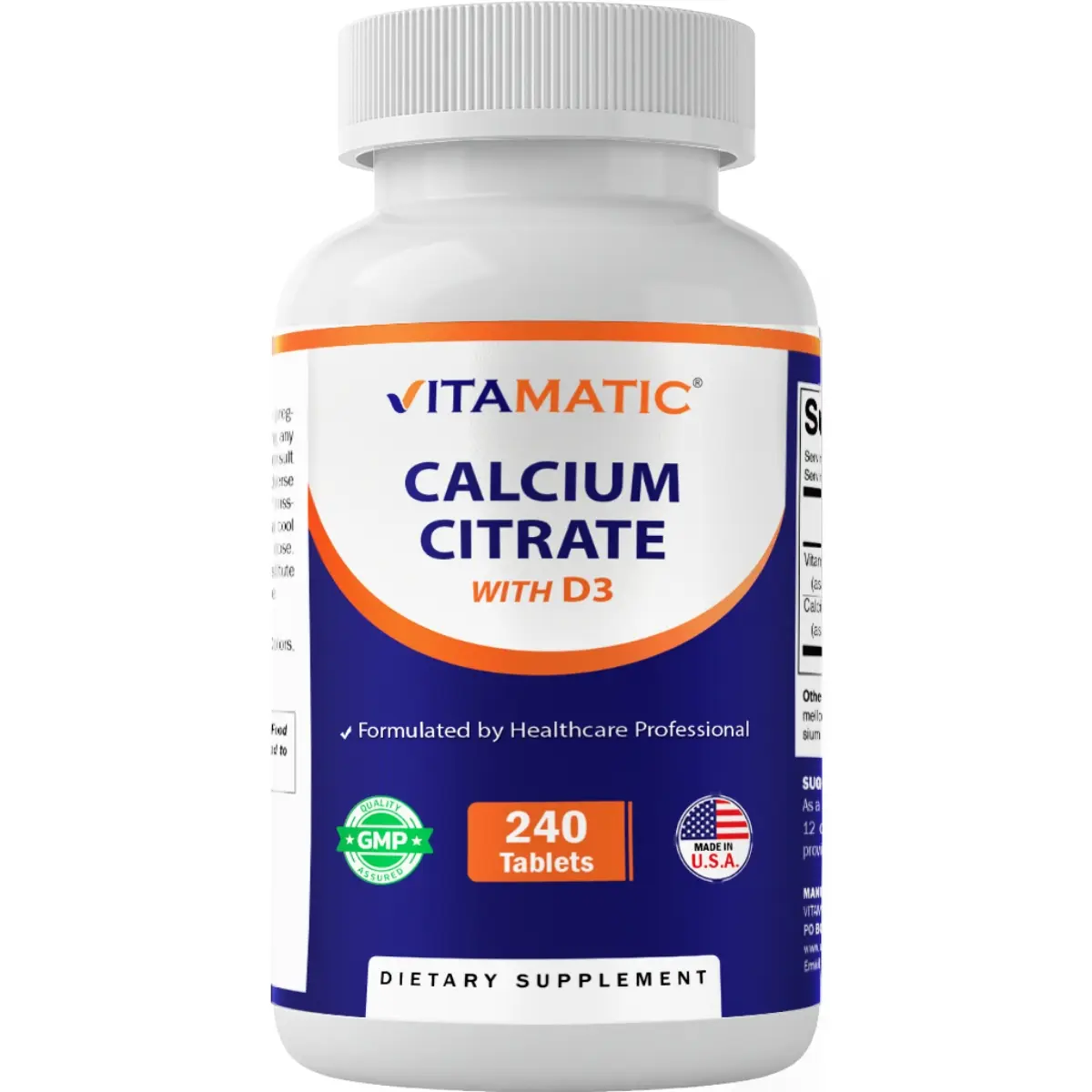 Vitamatic Calcium Citrate with Vitamin D3 Healthcare Dietary Supplement - 240 Tablets, High Absorption, Non-GMO, Gluten-Free - Supports Bone Health, Minerals Vitamins Formulation