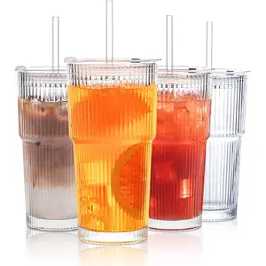 20 oz Ribbed Glass Tumblers with Lids and Glass Straws – 4-Piece Glassware Set, Thickened Wall, Ideal for Iced Coffee, Smoothies, Cocktails, and Juices – Elegant and Durable Drinkware