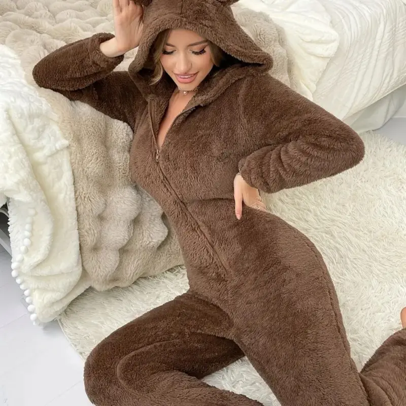 Cozy Brown Fleece Hooded Jump Suit Pajamas for Women - Comfortable Loungewear, One Size Fits Most - Onesies
