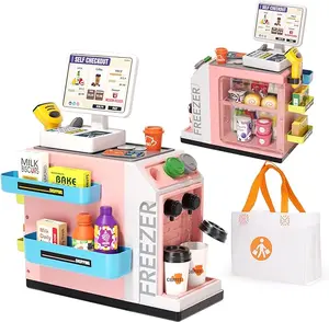 [New Deal]      48-Piece Pretend Play Cash Register Toy Set with Water Outlet Function - Calculator, Shopping Bag, Scanners, Credit Cards, Coffee Machine, Play - Pink
