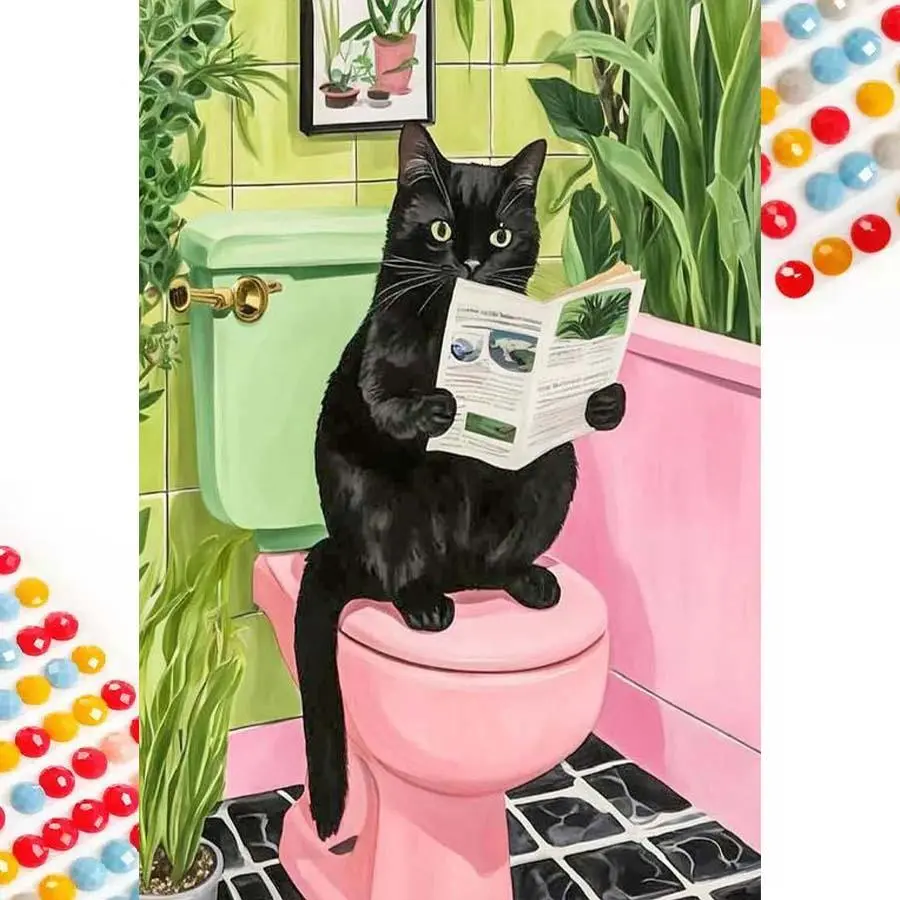 Cat Reading Book on Toilet Pattern DIY Diamond Arts Colorful Painting Kit Without Frame, DIY 5D Diamond Arts Colorful Painting Kit, Wall Art Decor for Home, Kitty, Handicraft