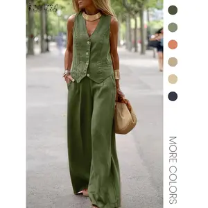 Women's Solid Color Tank Top & Wide Leg Pants Set, Casual Sleeveless V Neck Top & Trousers for Daily Wear, Ladies Clothes for All Seasons, Office Siren Outfits