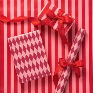 Reversible Wrapping Paper Roll for Girls, Mini Roll, Red and  Stripes and  , Holiday  Wrap for Christmas, Valentine's Day, Merry Market Gifts, 17 Inches x 16.4