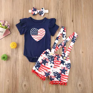 Newborn Infant Baby Girls 4th of July Outfits Set Striped Love Ruffled Romper Tops Overalls Shorts Cute Headband Clothes Set