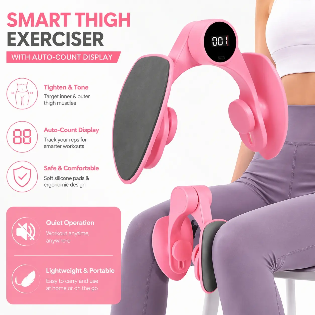 Thigh Trainer for Women & Men, Inner Thigh Exerciser and Leg Workout Equipment, Dual Function Hip & Glute Trainer for Pelvic Floor Training, Home Fitness Equipment