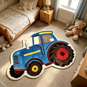 1pc Cartoon Retro Tractor Rug, Red and Blue, Creative Irregular Bedroom Bedside Carpet, Soft Comfortable Mat for Sofa, Coffee Table, Living Room, Bathroom