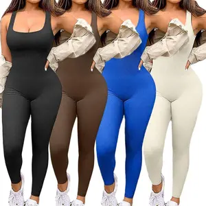 Women's one-piece sports jumpsuit, solid color high elasticity sleeveless fit jumpsuit, sports dance outfit, long women's fabric spandex knit topRAIMENTRY