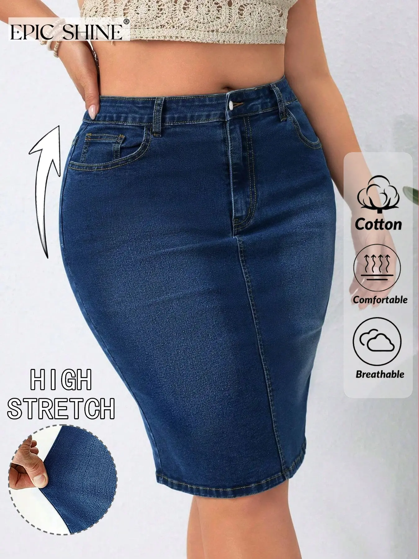 Women's Plus Size Casual Everyday Basic Denim Bodycon Pencil Skirt, Fit, High Waist, High Elasticity, Pocket Design, Elegant Office Wear, Spring & Fall Fashion