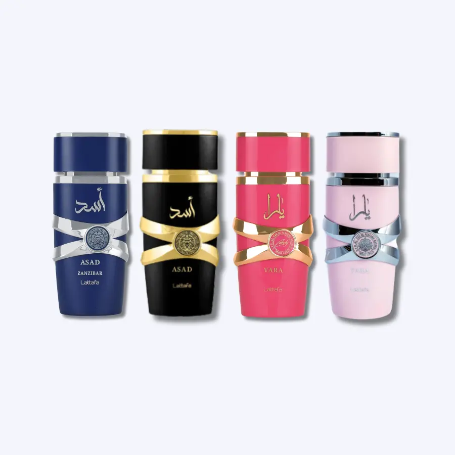Lattafa 5th Anniversary Multi-Pack Fragrance Gift Set - Yara, Candy, Asad & Zanzibar Women's Eau de Parfum Spray (3.4fl.oz Each) with Orchid, Tangerine, Citrus Notes, Great Value