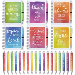 24 Set Christian Notebook Bulk with Pens Watercolor  Verse Journals and Ballpoint Pen Spiral Notebook Set Religious Notepad for Church Women Inspirational Gifts Religious Party Favors