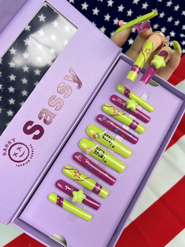 SASSY NAILSHOP longsquare 10 PCS (Length:2.2 inches) hand pressed on nails Nightclub nails for girlfriend  gift Acrylic Nail Art Nails New Collection, French New Pink White Glitter Bright Kiss Nails Acrylic Kit, Beauty Secrets Nail