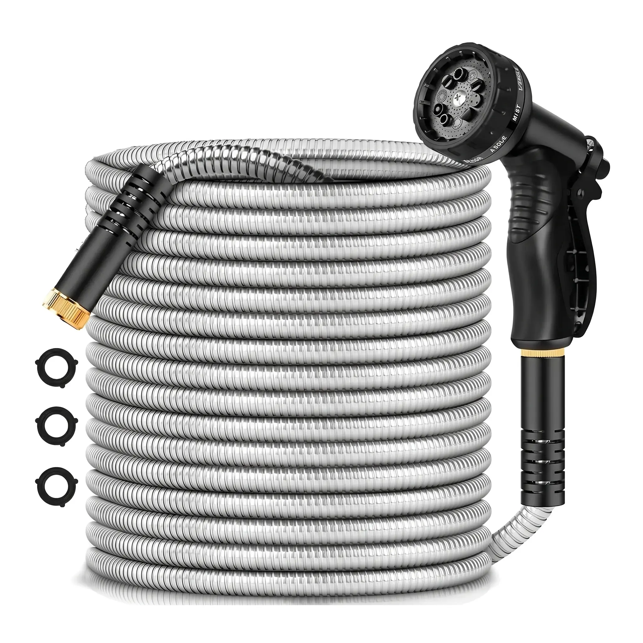 IRONFIX Smart Metal Garden Hose (50ft/100ft) - Heavy Duty Stainless Steel Garden Hoses & Reels Accessory, 10-Functional Nozzle, Anti-Kink, Lightweight, Flexible, Leak-Proof Gaskets, Easy to Use & Store, Suitable for Outdoor Lawn, All-Season Daily Cleaning