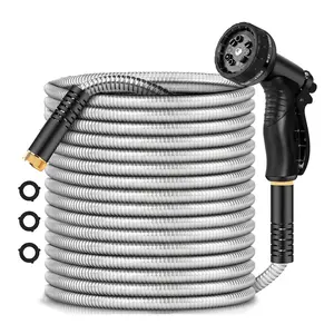 IRONFIX Garden Hose 50ft, Heavy Duty Stainless Steel Water Hose with 10 Functional Nozzles, No Kink, Lightweight and Flexible, Easy to Use and Store, Strong and Sturdy, Suitable for Yard and Lawn