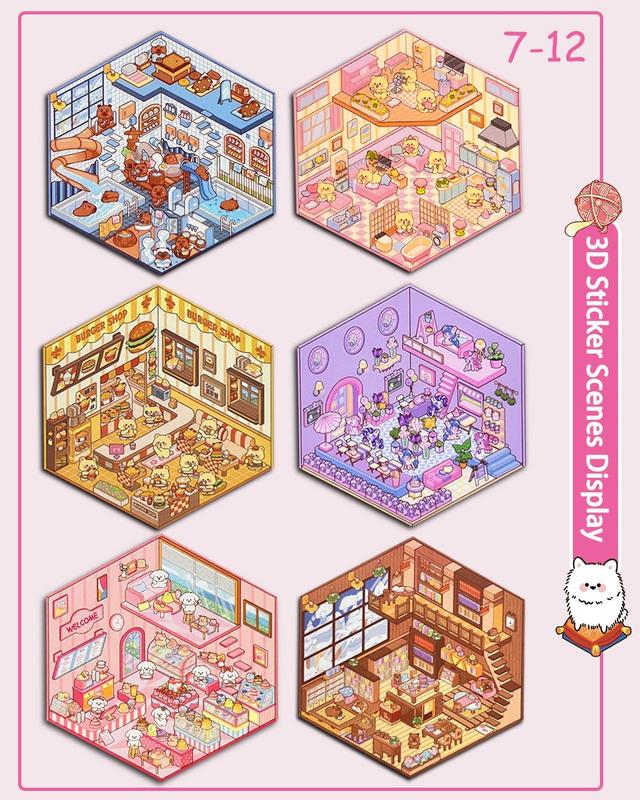 Miniature Scene Dly Sticker Book, 20 Sets DIY 3D Sticker Scene Sticker, Cute Cartoon Creative Sticker,  Make Your Own House Sticker for Scrapbooking & Journal Making