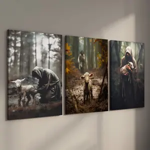 3 Pcs Stretched Canvas Jesus and Lamb Canvas Wall Art, Good Shepherd Seeking Lost Sheep Prints, Christian Home Decor, Wall Art Decoration, Ready to Hang, Scripture Inspired Posters, Religious Faith Pictures, Spiritual Jesus Christ Gift