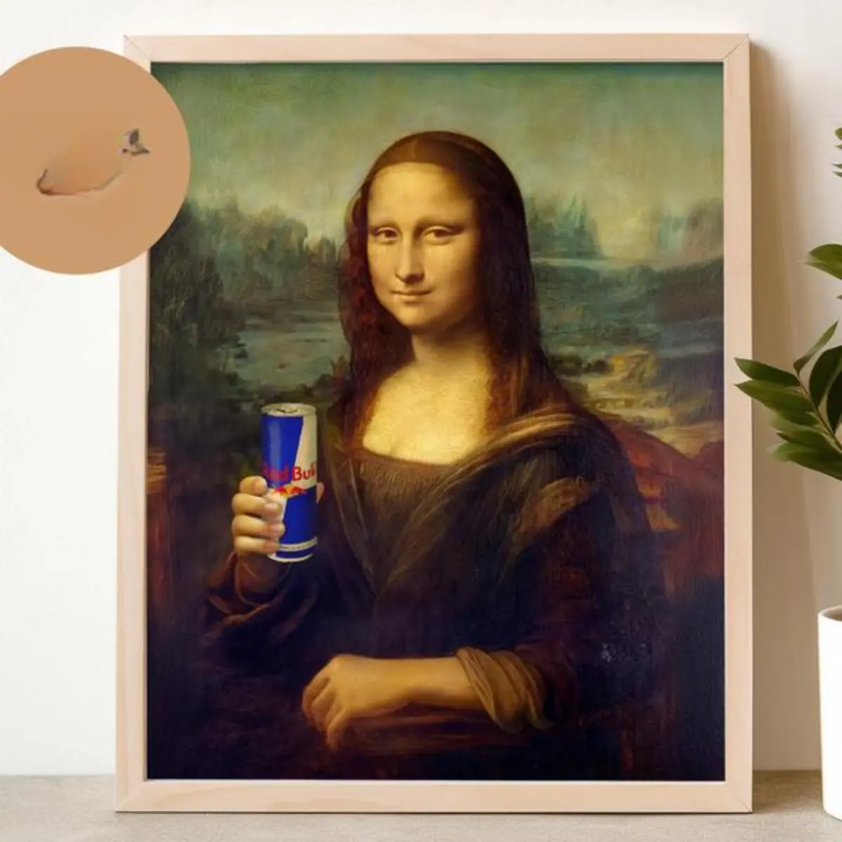 Mona Lisa with a Bold Twist – Unique and Fun Wall Art Featuring the Iconic Portrait and Energy Drink, Perfect for Home or Office Décor