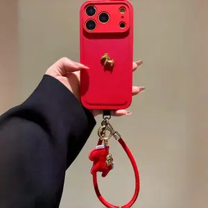 New Year's Red Little Golden Horse Lychee-Patterned Phone Case for iPhone 17 Pro Max 16 15 14 13 12 11 PRO PLUS MAX AIR Little Horse Lanyard Phone Case  #LZWJMRED (WITH PONY KEYCHAIN)