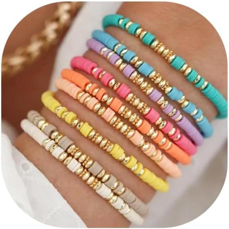 9 Pcs 7" Colorful Boho Stackable Bracelets, Surfer Heishi Clay Bead Stretch Preppy Fashion Accessories unique jewelry Suitable for Beach, Party, Vacation