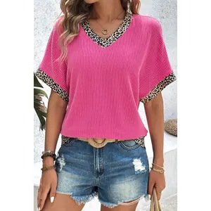 Hot Pink Leopard Accent Raised Ribbed Top