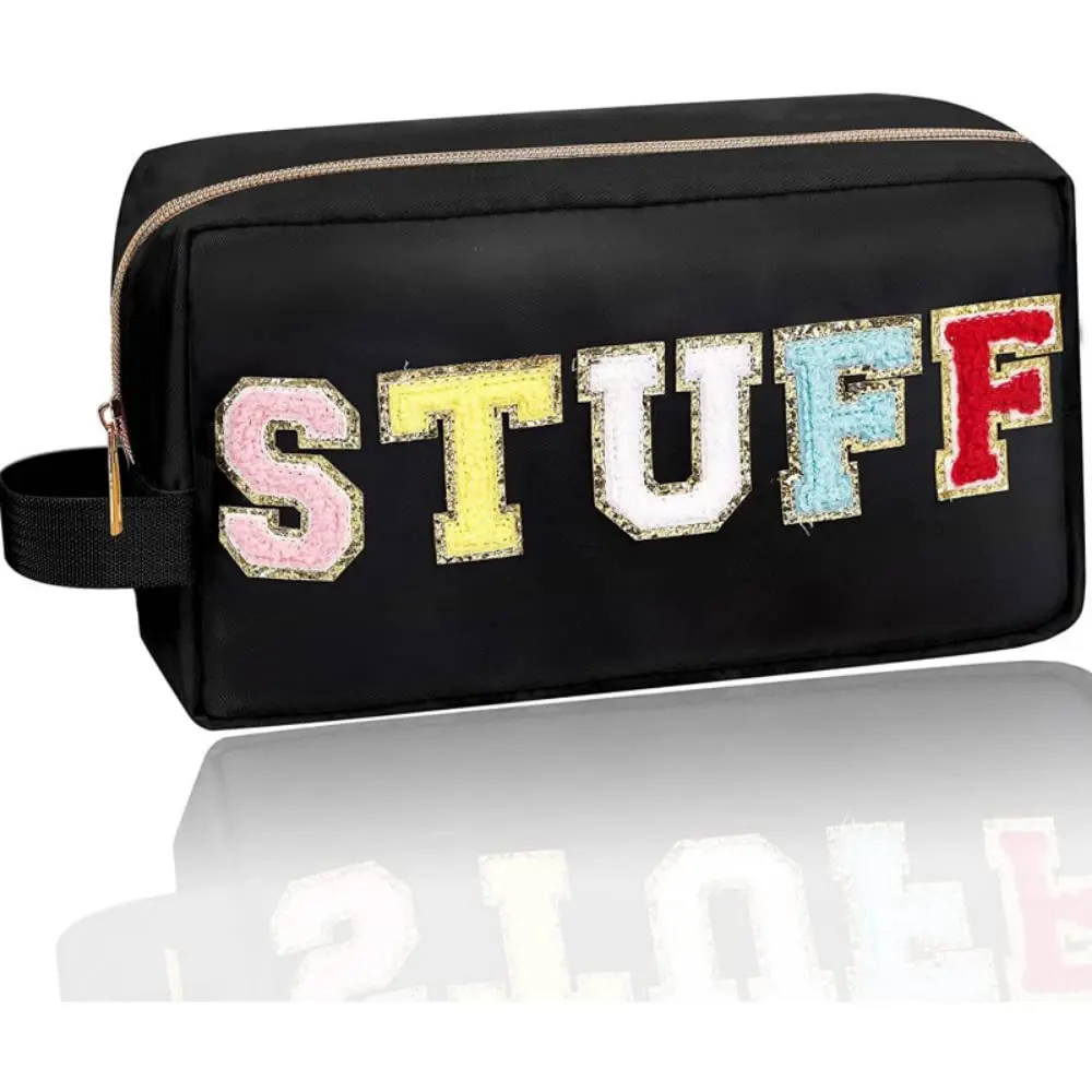Chenille Letter Makeup Pouch Small Toiletry Bag for Women Girls, Nylon Organizer Zipper Pouch Travel Cosmetic Purse with Chenille Letter Patch
