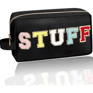 Chenille Letter Makeup Pouch Small Toiletry Bag for Women Girls, Nylon Organizer Zipper Pouch Travel Cosmetic Purse with Chenille Letter Patch