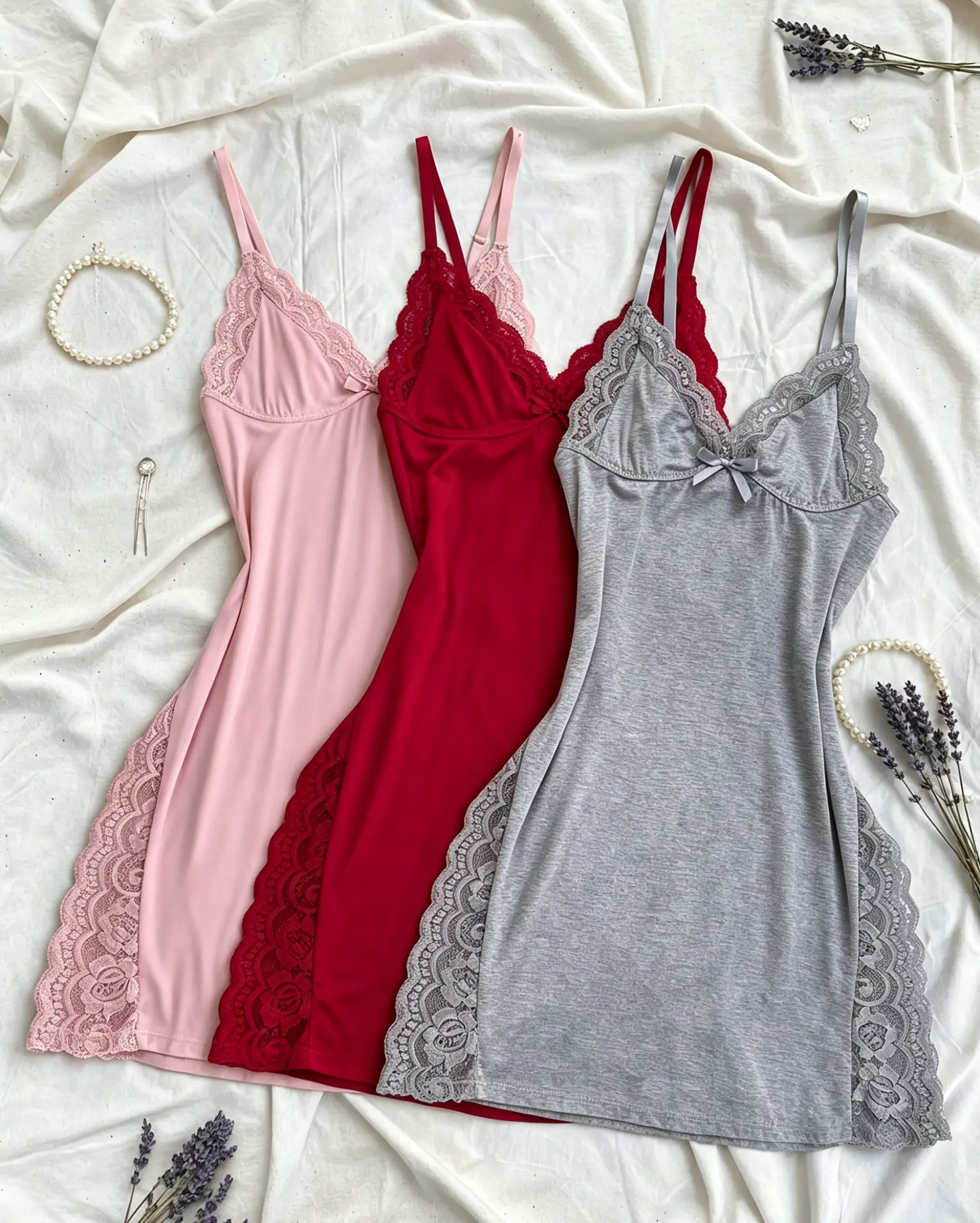 Women's 3PCS Modal Knit Contrasting Lace Edges Nightdresses - Sleeveless, V-Neck, Side-Opening, Loose, Solid, for Loungewear & Sleep, Hand Wash Only, Do Not Dry Clean, All Seasons