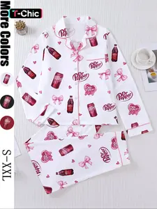 Women's Heart-shaped drink bottle Sleepwear Set, Long Sleeve Button-Up Top & Elastic Pants, Casual Home Wear, Party, Pajamas