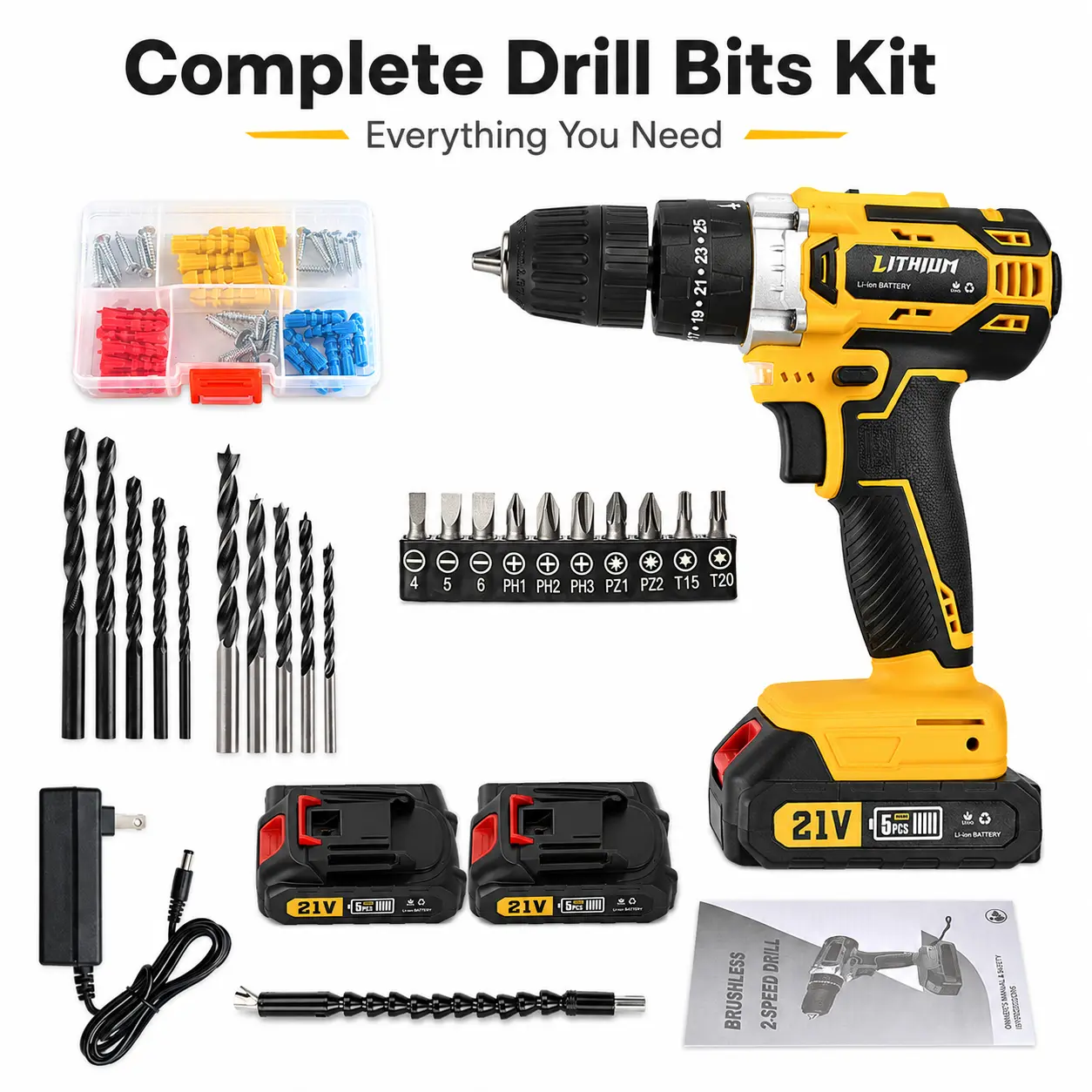 21V Cordless Impact Drill Driver Kit with 2 Batteries, 25+1 Torque Settings, 2-Speed Control, Keyless Chuck, LED Light, Drill Bits and Accessories for Home DIY, Furniture Assembly and Repair