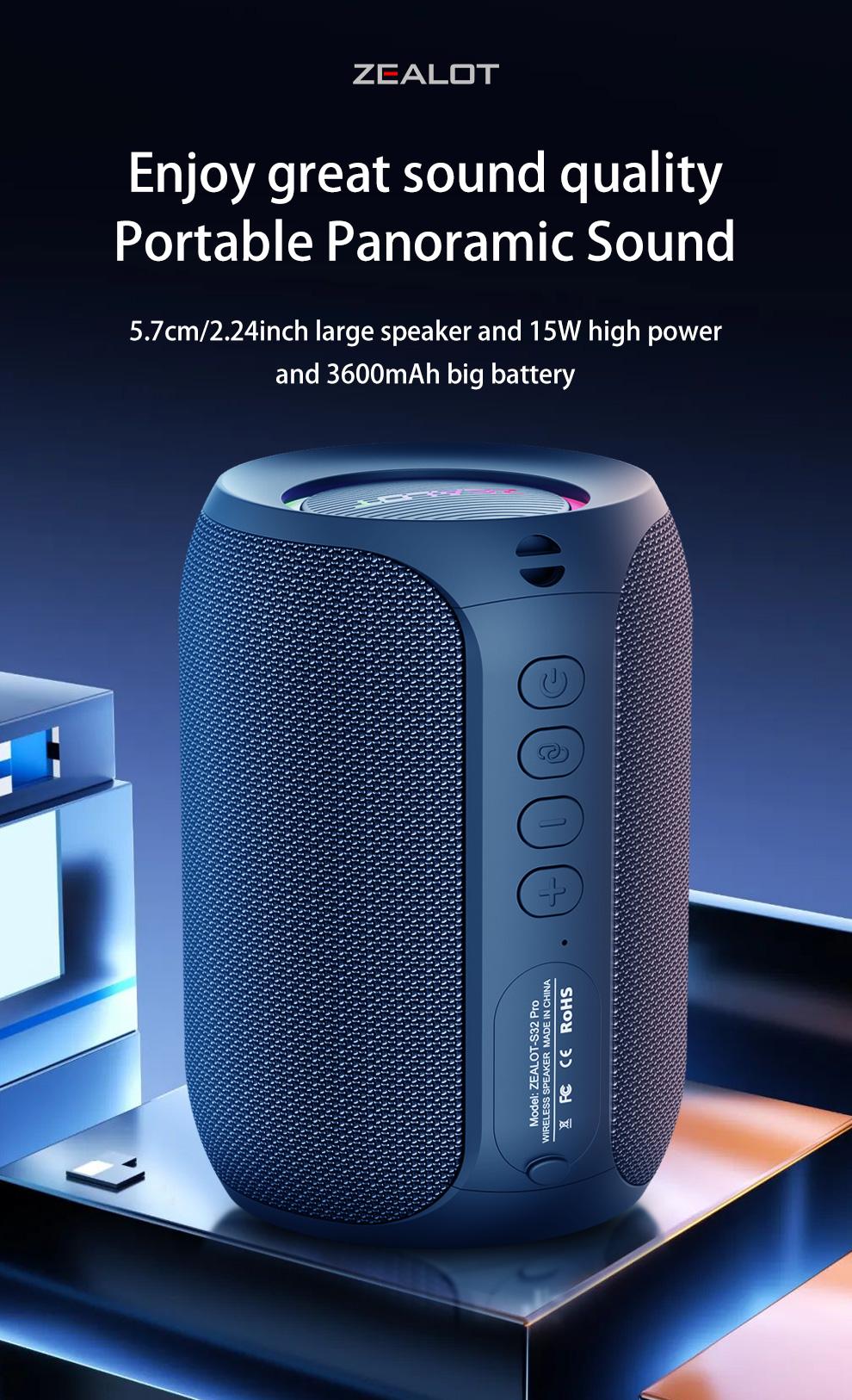 ZEALOTs S32 Pro Portable Wireless Speaker, 15W Long Standby Speaker with RGB Light Effect, Rechargeable Bluetooth-compatible Speaker for Home Outdoor Camping, Multifunctional Wireless Speaker, Outdoor Wireless Speakers