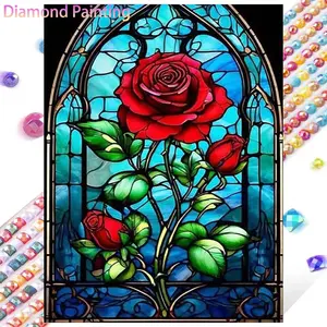 1 set of DIY diamond painting kit, 5D diamond art set, DIY decoration red rose, colored glass, blue background. Mosaic, diamond art, DIY art home decoration, suitable for Christmas.