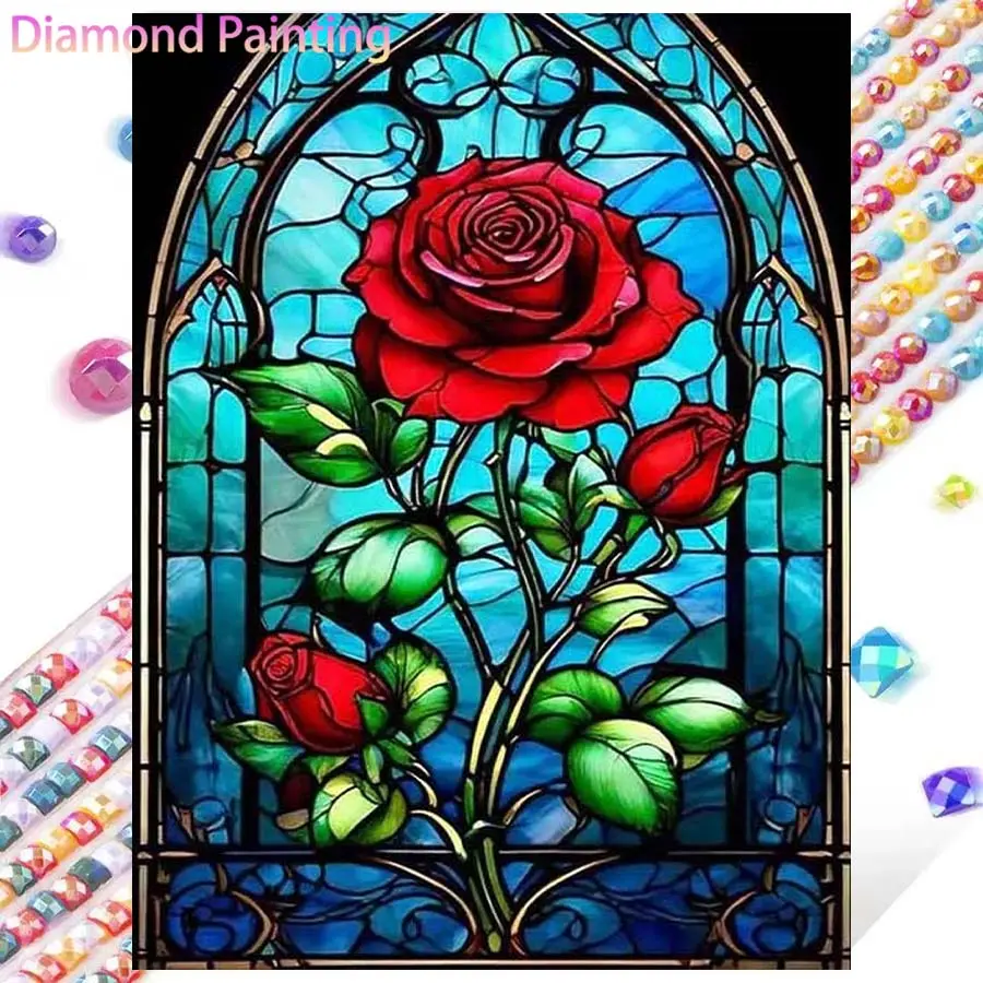 1 set of DIY diamond painting kit, 5D diamond art set, DIY decoration red rose, colored glass, blue background. Mosaic, diamond art, DIY art home decoration, suitable for Christmas.