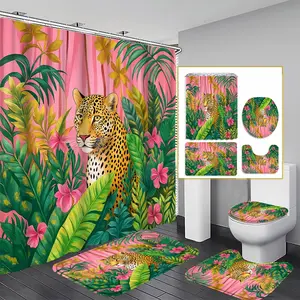 1/3/4PCS Tropical Jungle Cheetah Shower Curtain Set, 71x71 Inches, Includes Background Pattern, Comes with 12 Hooks, 1/3/4pcs Options