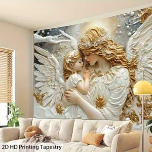 2D Flat Angel Embrace Wall Tapestry - Ethereal Cherub and Serene Angel Design, Polyester, Ideal for Living Room, Bedroom, Office, Party Decor, Perfect Creative Gift, Living Room Art | Vintage Angel Tapestry | Artistic Wall Hanging, Angel Decor,