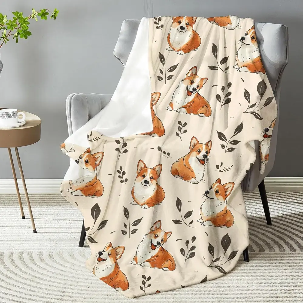 [Gentle Touch] Corgi Print 280GSM Woven Flannel Throw Blanket - Retro Vintage, Fading Resistant, Soft, Comfy and Cozy, Lightweight, All-Season Comfort, Machine Washable, Perfect Gift for Dog Lovers, for Couch & Bed Use