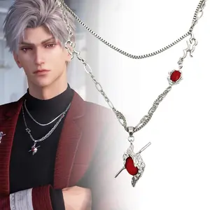 Game Love and Deepspace Sylus Cosplay Necklace Unisex Gothic Heart Pendant Double Layered Choker Chain Jewelry Halloween Prop