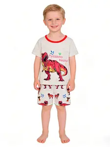 Boys Dinosaur Print Pajama Set, Short Sleeve Sleepwear, Breathable Cotton Fabric, Casual Home & Outdoor Use, Comfort Fit