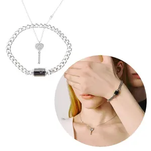 Orphic 2-Piece Heart-Shaped Key Pendant Necklace & Stylish Stainless Steel Lock Bracelet Set Perfect Couple's Gift Jewelry