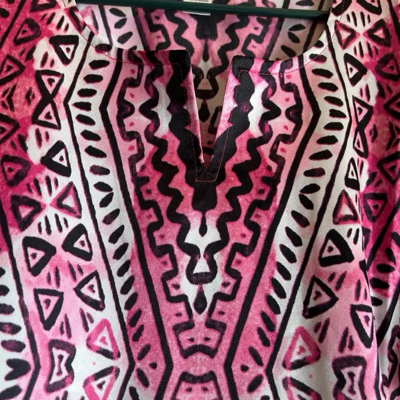 Plus Size Kaftan Dress for Ladies - Pink Design with Black and White Geometric Pattern, Casual Wear for Home and Beach Vacation