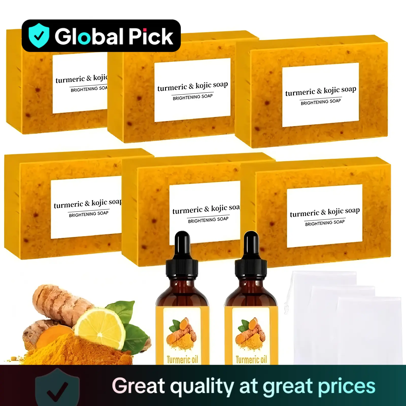 Turmeric Soap & Essential Oil Set, Including 6 Counts Turmeric Soap & 2 Counts Essential Oil & 3 Counts Soap Saver, Daily Skin Care Set for Men & Wome