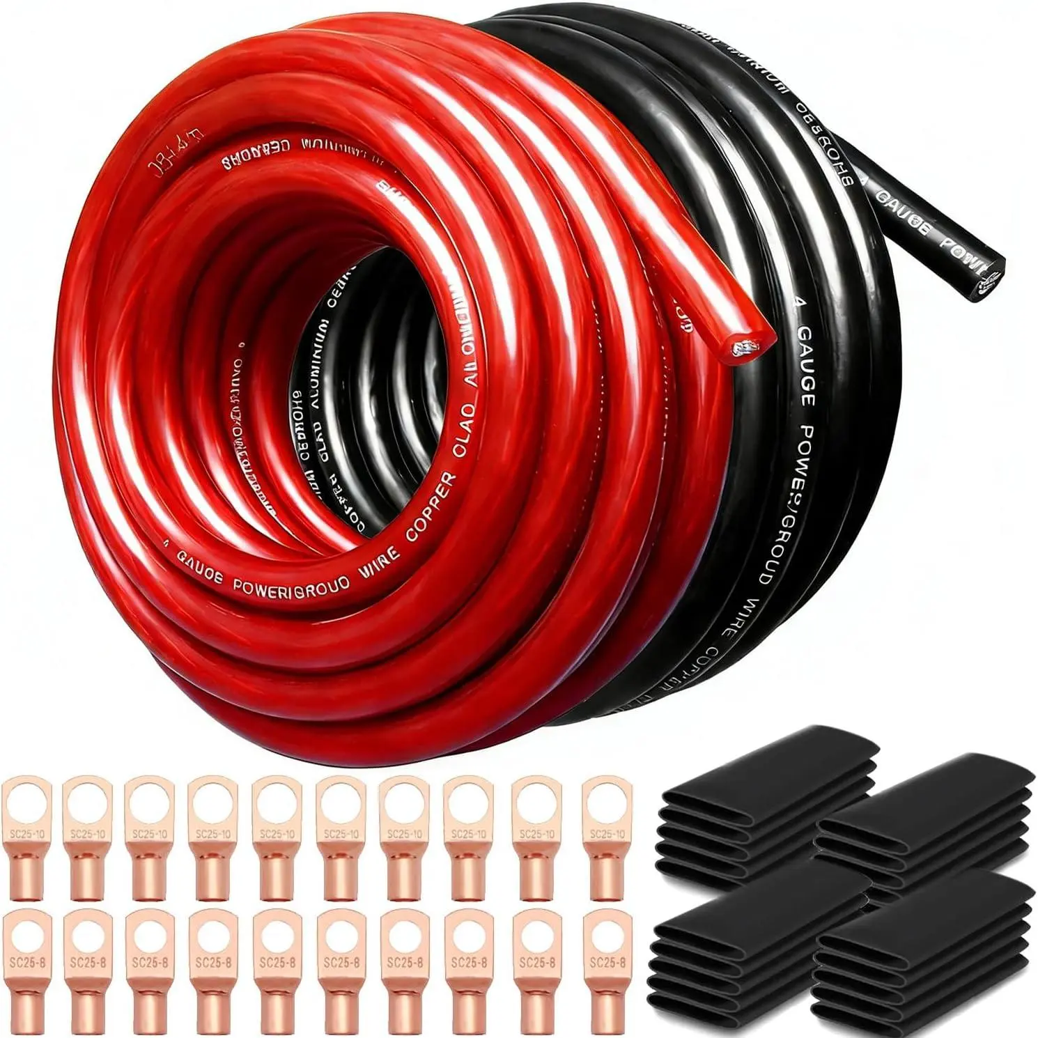 4 Gauge Wire,(25ft Each - Red/Black)4 AWG  ,Copper Clad  CCA, for  Audio, Systems,RVs,Solar Systems,Amp Wiring Kit(Includes 20 count Terminals & 20 count Heat Shrink)