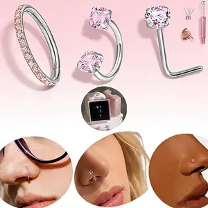 3PCS 18G 8mm Nose Rings for Women Sparkling Zircon Inlay Pink Nose Piercings Set Hinge Nose Hoop Nose Rings Titanium Horseshoe Nose Rings with Gem Picker Nose Stud Nose Ring Jewelry