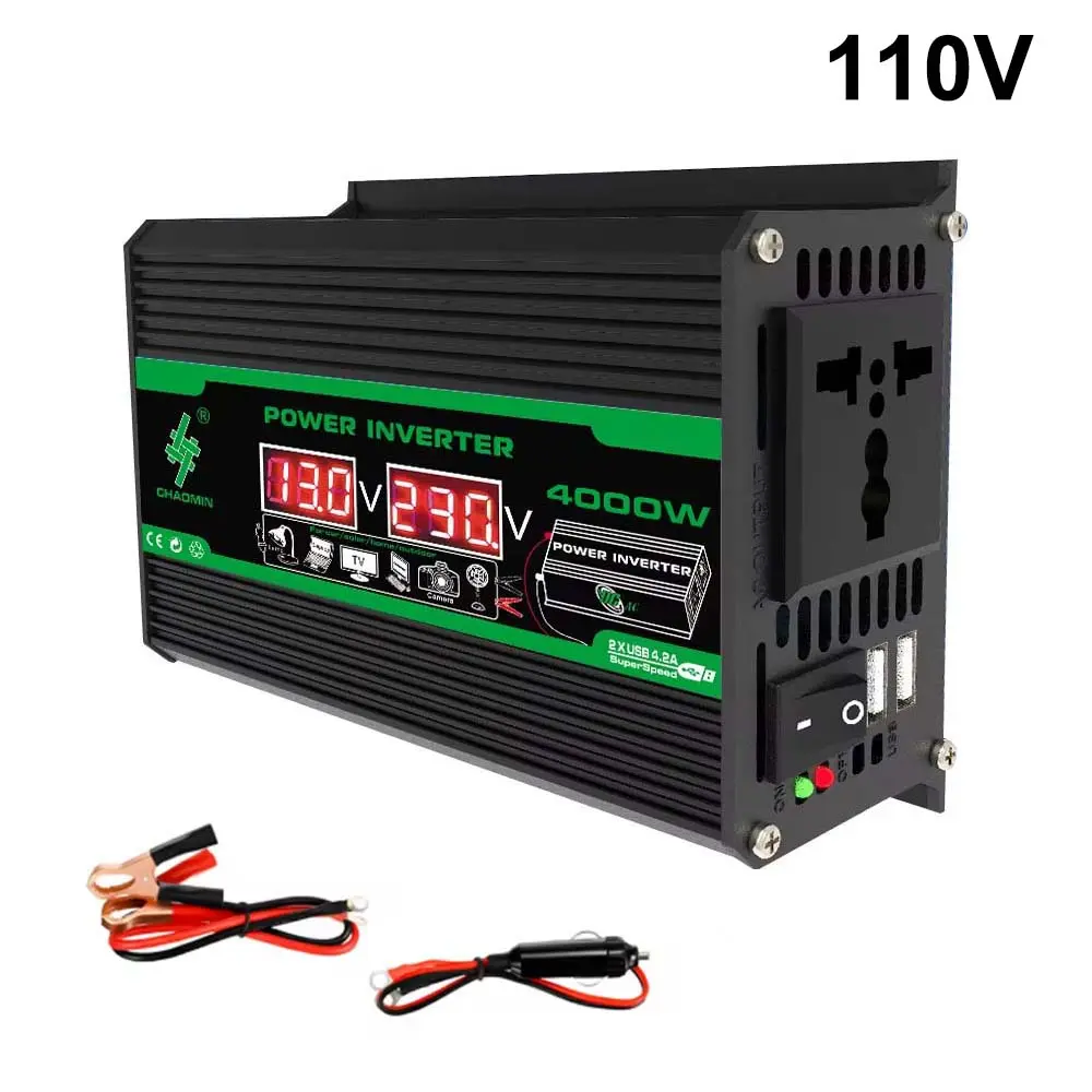 Heavy Duty 4000W DC to AC Power Inverter, Vehicle Voltage Transformer with Alligator Clip, Dual 4.2A Fast Charging USB Ports, Dual Digital LED Displays, Multi Sockets for RV Camping Emergency Use, Home Blackout Emergency Backup