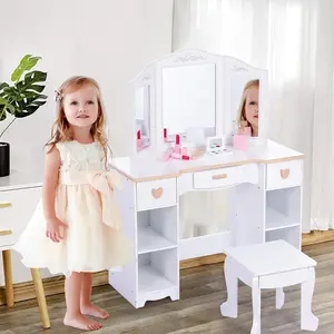 Kids Vanity Table and Chair Set, Wooden Children Dressing Tables with Tri-Folding Mirror, 3 Drawers & 4 Storage Shelves, Children Study Desk with Stool, Girls Make up Desk for Bedroom Playroom - White