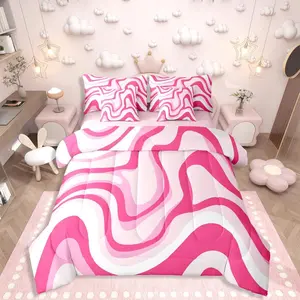 Feelyou 7-Piece Pastel Pink Microfiber Bedding Set - Girly Abstract Retro Watercolor Design, Soft Durable Material, Breathable Comforter, Sheets and Blanket, Preppy Aesthetic for Girls
