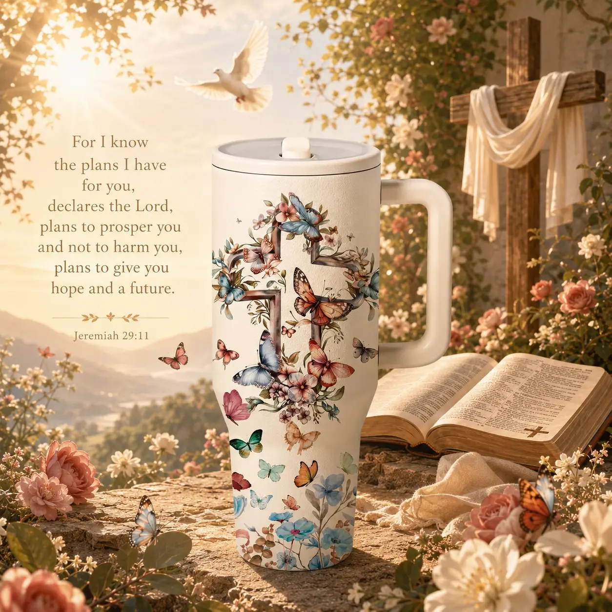 1 Pc 40oz insulated mug, Christian Bible verse floral cross butterfly design, double wall vacuum insulated, leak proof lid with handle, keeps hot 12 hours and cold 24 hours, for hot cold drinks, office travel gym, faith gift for women men, holiday
