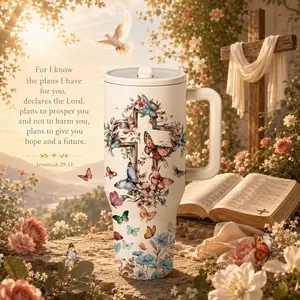 1 Pc 40oz insulated mug, Christian Bible verse floral cross butterfly design, double wall vacuum insulated, leak proof lid with handle, keeps hot 12 hours and cold 24 hours, for hot cold drinks, office travel gym, faith gift for women men, holiday