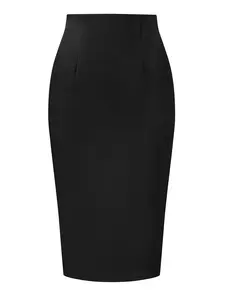 INSPIRE CHIC Knee Length High Waist Basic Business Suit Pencil Skirt Black